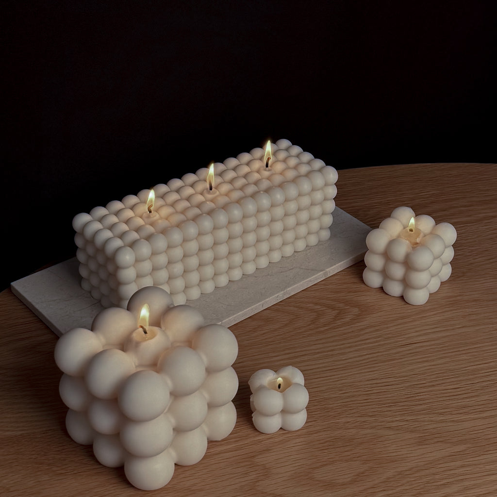  BUBBLE Kerzen, Rapswachskerze, Baumwolldocht, umweltfreundlich, Kerzen in verschiedenen Größen, stilvolles Design, minimalistische Dekoration, Geschenkidee, nachhaltige Produkte.