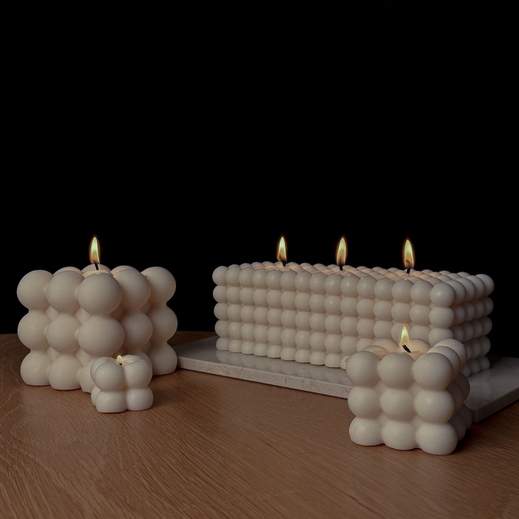  BUBBLE Kerzen, Rapswachskerze, Baumwolldocht, umweltfreundlich, Kerzen in verschiedenen Größen, stilvolles Design, minimalistische Dekoration, Geschenkidee, nachhaltige Produkte.