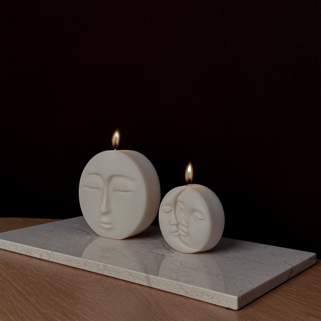 MOON Kerze, sun Kerze, kunstvolles Design, beruhigende Kerzen, meditatives Ambiente, ästhetische Dekoration, Geschenk für Kunstliebhaber, besondere Heimdekoration, friedvolle Atmosphäre, kreative Beleuchtung.