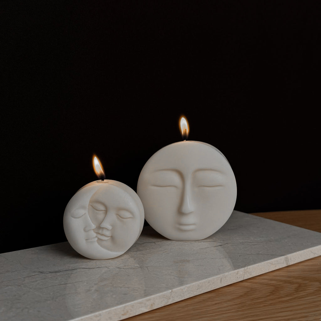 MOON Kerze, sun Kerze, kunstvolles Design, beruhigende Kerzen, meditatives Ambiente, ästhetische Dekoration, Geschenk für Kunstliebhaber, besondere Heimdekoration, friedvolle Atmosphäre, kreative Beleuchtung.