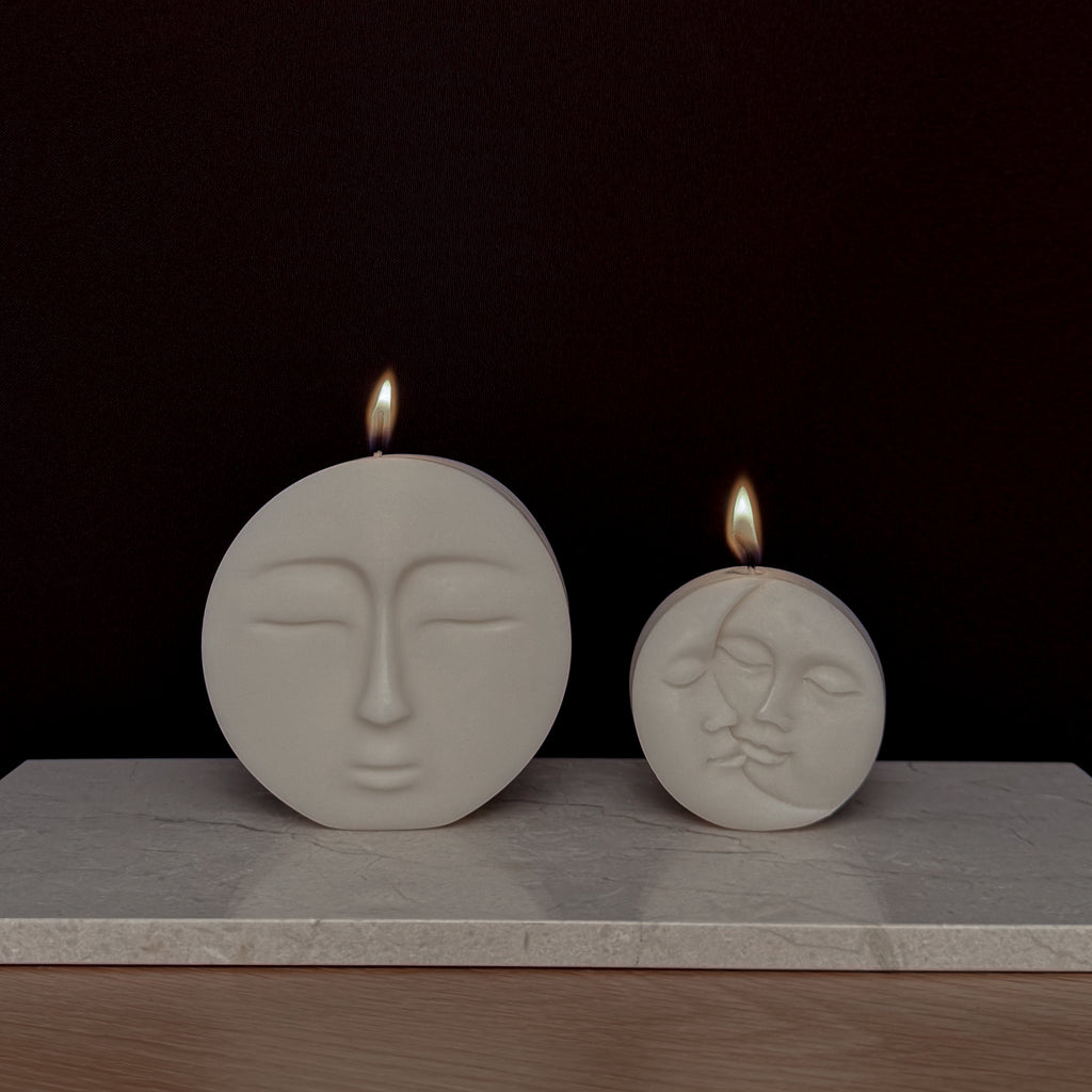 MOON Kerze, sun Kerze, kunstvolles Design, beruhigende Kerzen, meditatives Ambiente, ästhetische Dekoration, Geschenk für Kunstliebhaber, besondere Heimdekoration, friedvolle Atmosphäre, kreative Beleuchtung.