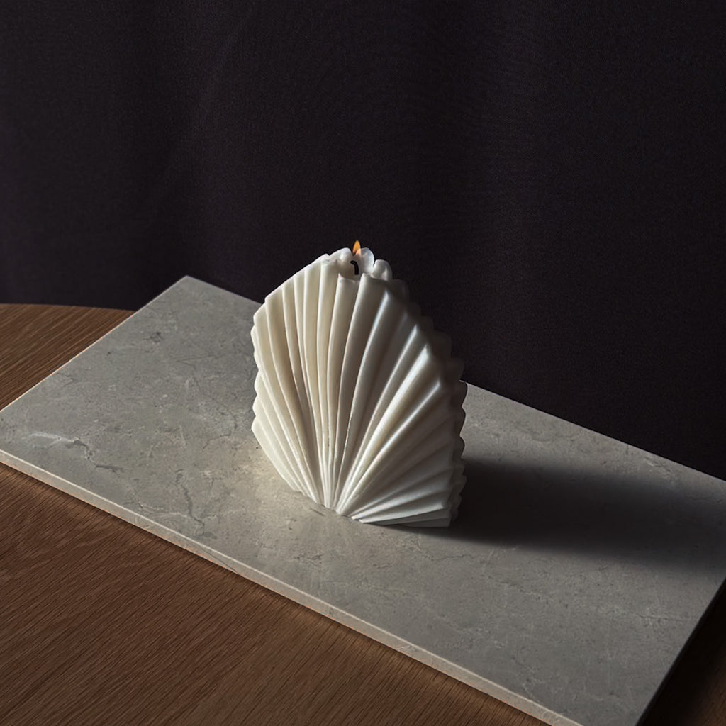 PALM Kerze, Fächerform, Rapswachskerze, Baumwolldocht, skulpturale Kerze, umweltfreundlich, Handwerkskunst, moderne Dekoration, elegante Beleuchtung, nachhaltige Geschenke, Heimdekoration.
