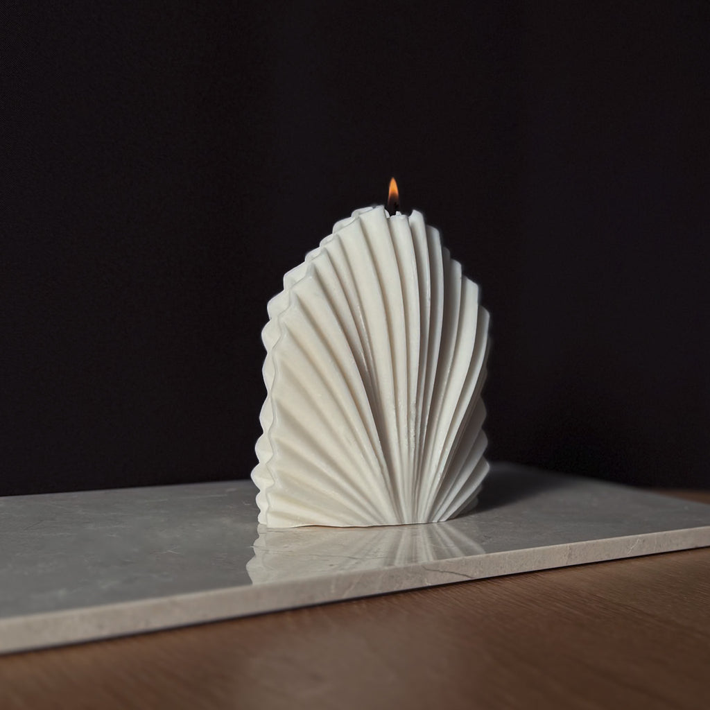 PALM Kerze, Fächerform, Rapswachskerze, Baumwolldocht, skulpturale Kerze, umweltfreundlich, Handwerkskunst, moderne Dekoration, elegante Beleuchtung, nachhaltige Geschenke, Heimdekoration.
